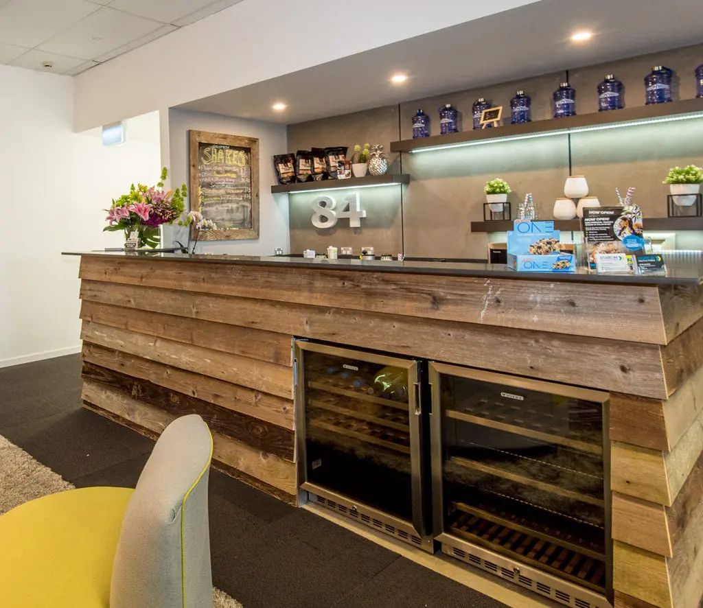 The reclaimed timber reception counter